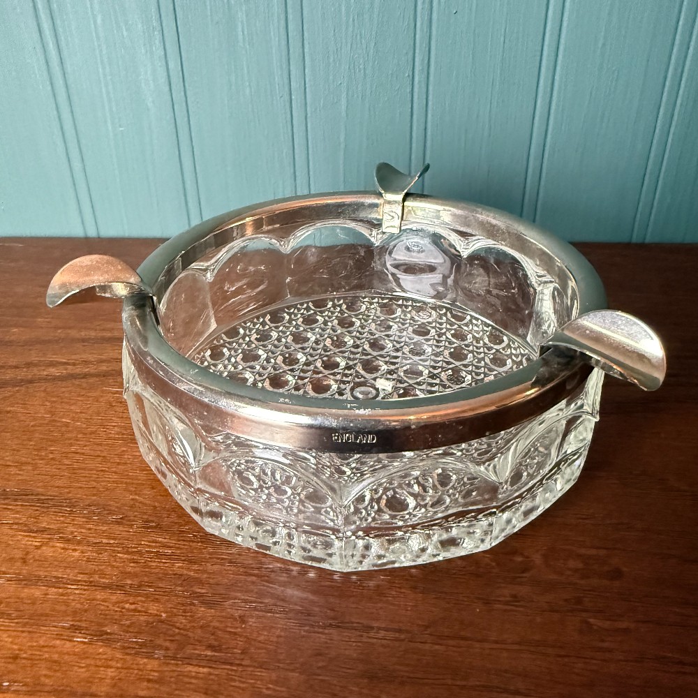 Vintage English Cut Glass Ashtray, Silverplate Rim, Marked England