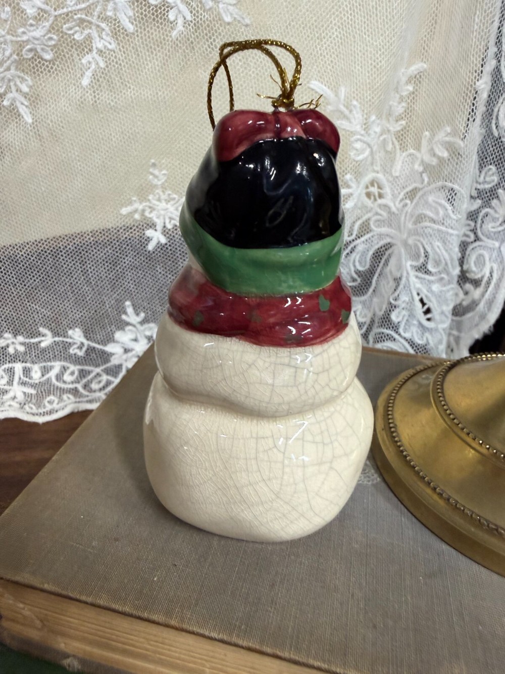 Ceramic Snowman Bell Ornament Crackle Glaze