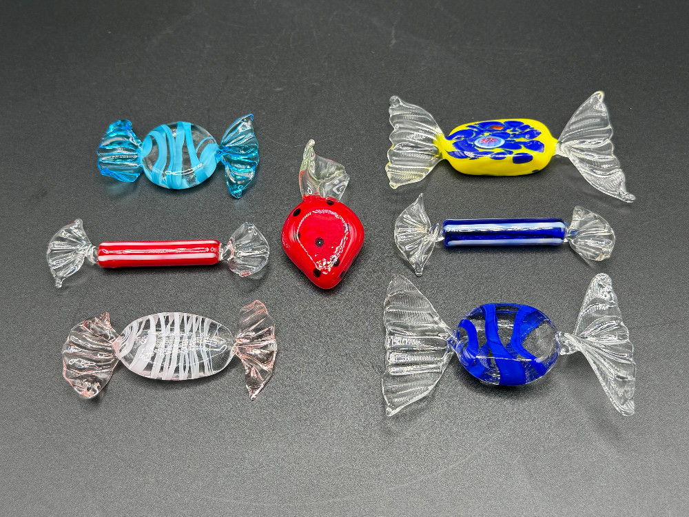 Murano Style Blown Glass Candy Vintage Figurines - 7 Piece Decorative Lot