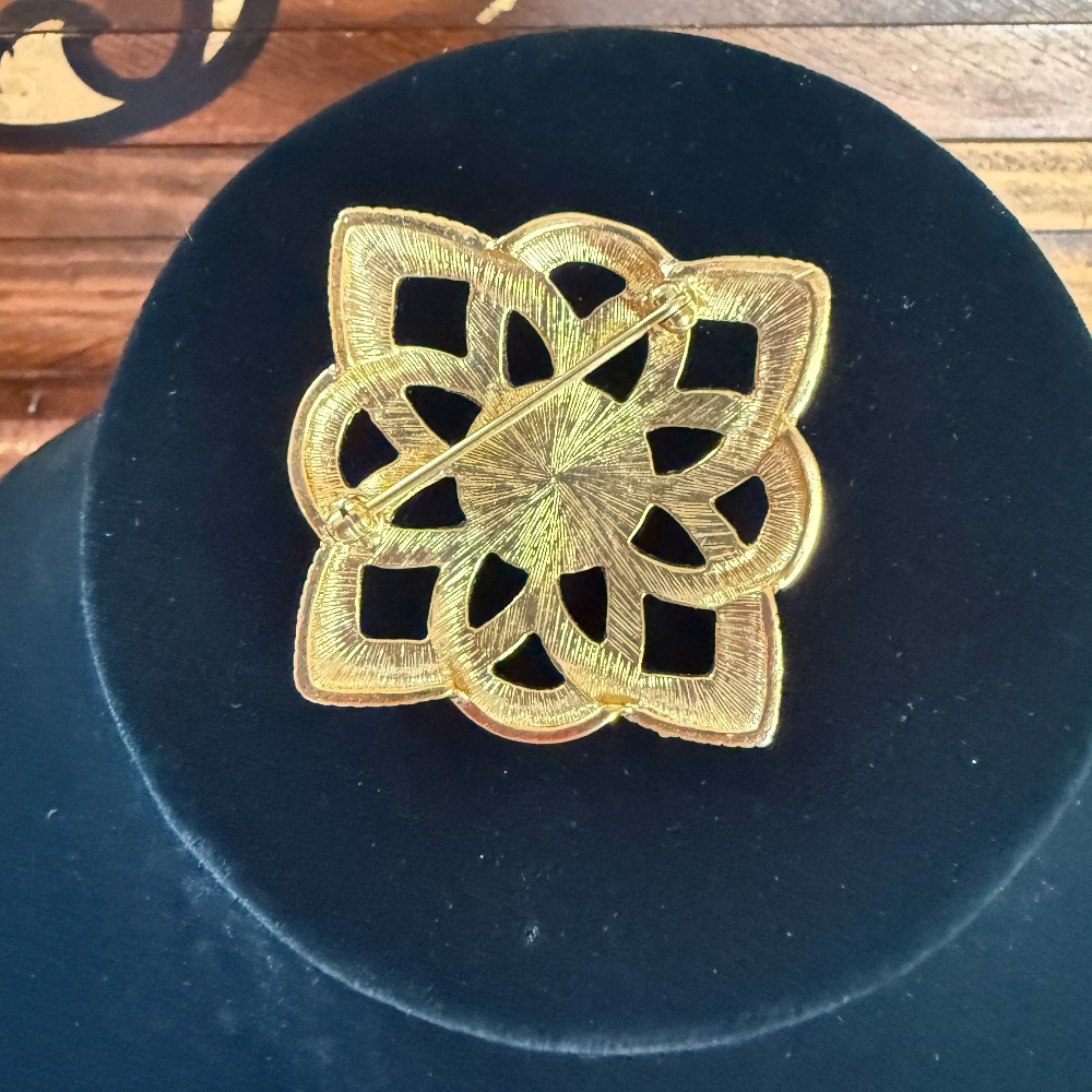 Vintage Gold Tone Filigree Flower Brooch with Faux Pearl