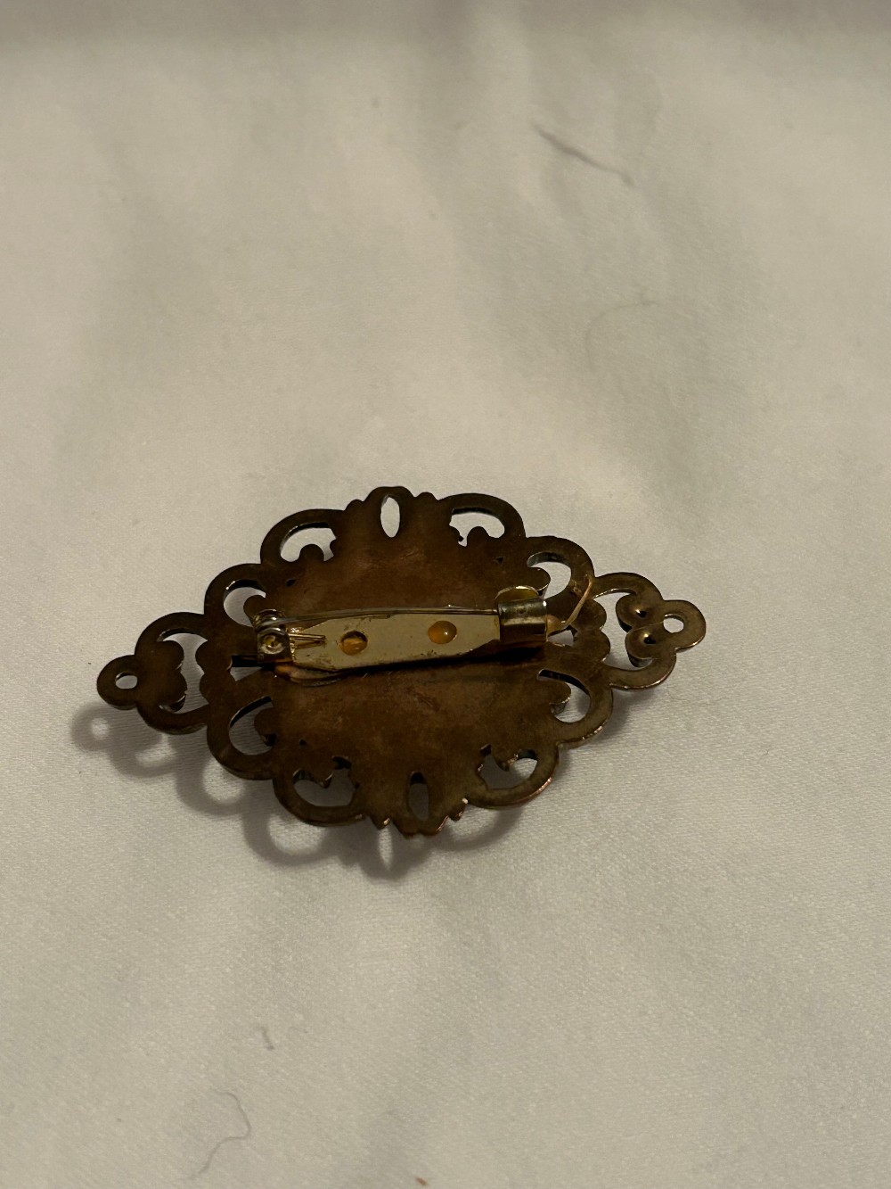 Antique Brooch - Bronze Filigree Pin with Faux Pearl Cabochon