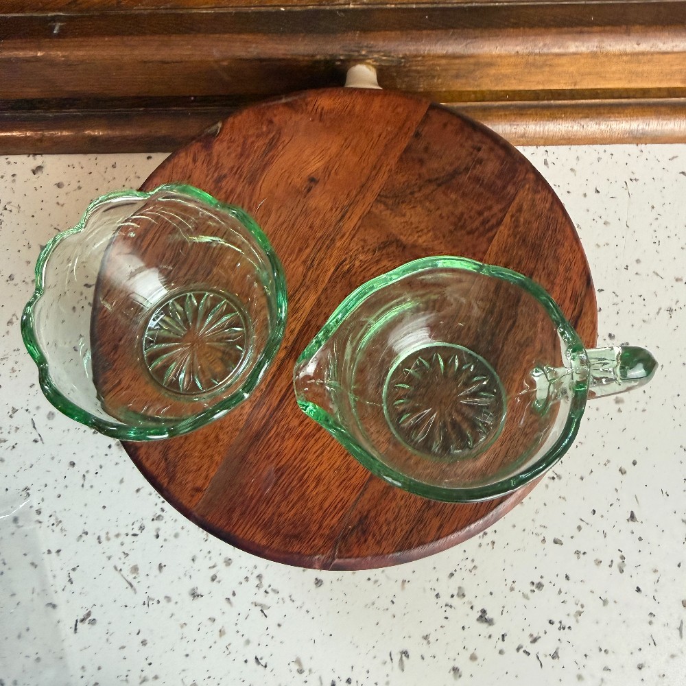 Green Glass Scalloped Creamer and Sugar Set - DANA