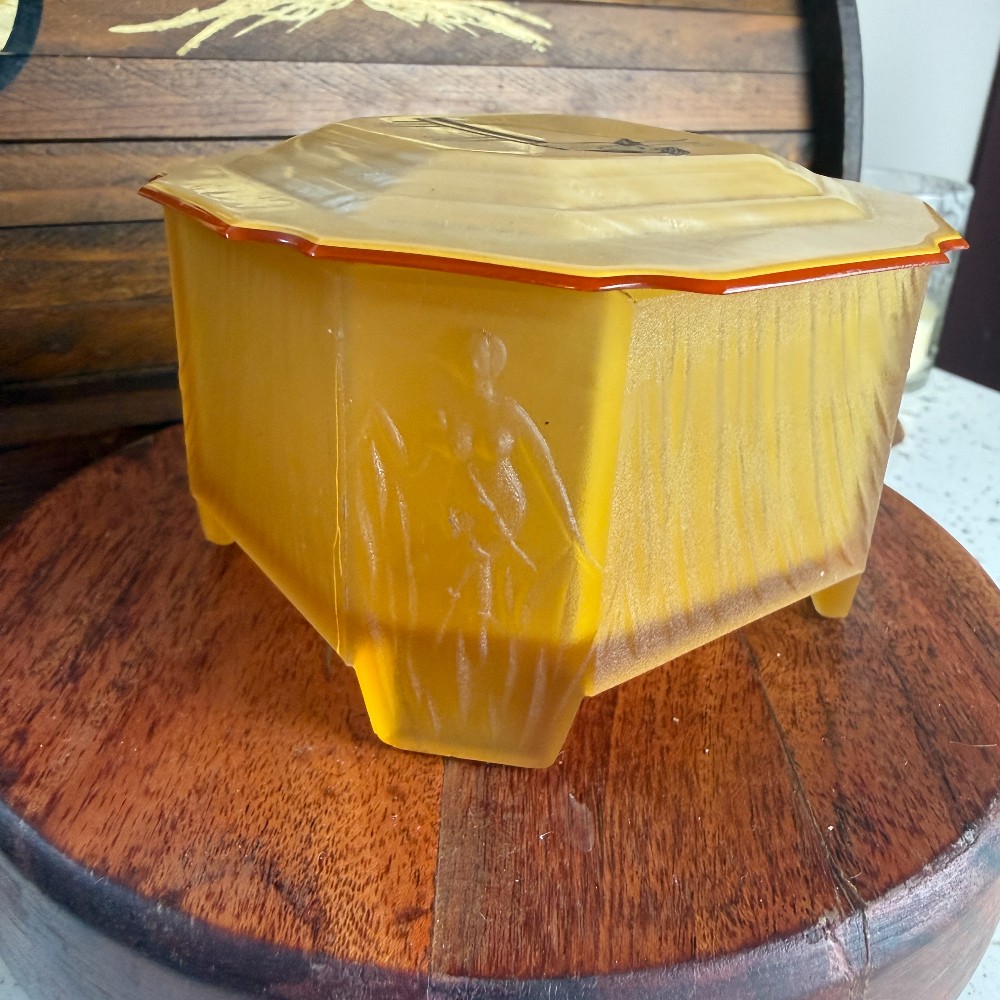 Art Deco Dresser Box Celluloid Lid Amber Satin Glass Base
