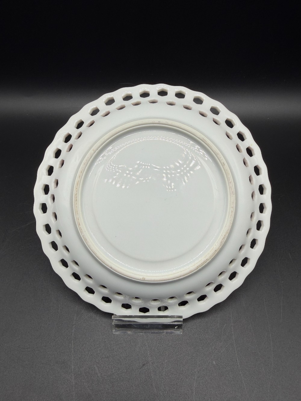 Vintage Reticulated Cranberry Porcelain Saucer Pierced Lattice Plate with Heavy Gold Etched Floral Filigree