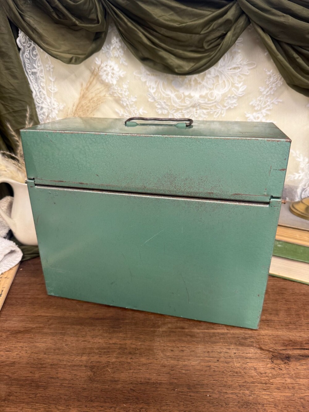 Green Metal File Box with Brass Latch and Handle