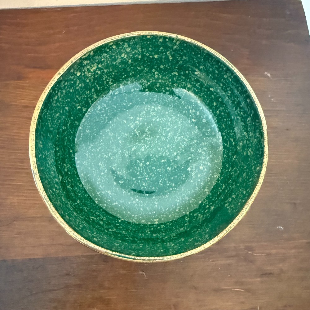 Italian Pottery Lidded Bowl, Green with Gold Leaves