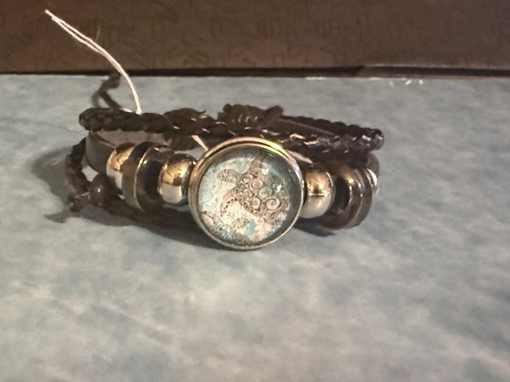 Bracelet- Genuine Leather black 3 strap Turtle