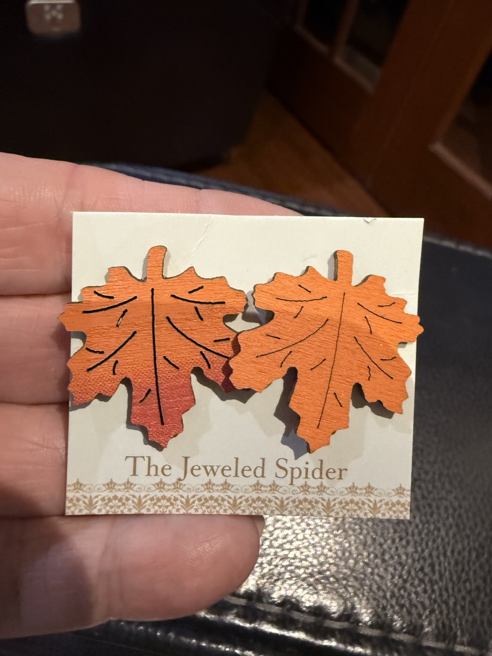 Stud Earrings -  Leaves, Leaf Deep Orange Wooden
