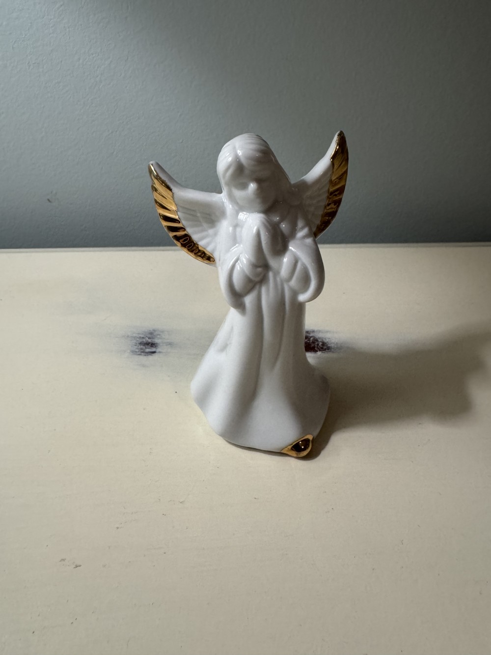 PORCELAIN PRAYING ANGEL BELL, WHITE/GOLD TRIM