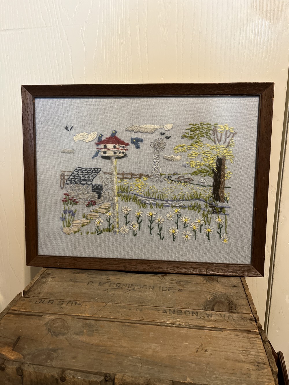 Vtg Spring farm crewel art