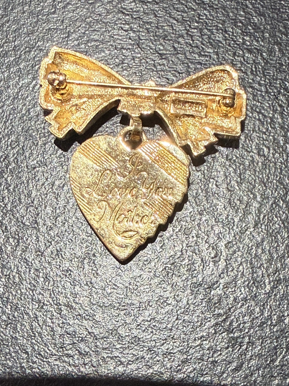 Vintage Gold Bow with Dangling Heart Engraved with I LOVE YOU MOTHER on the back