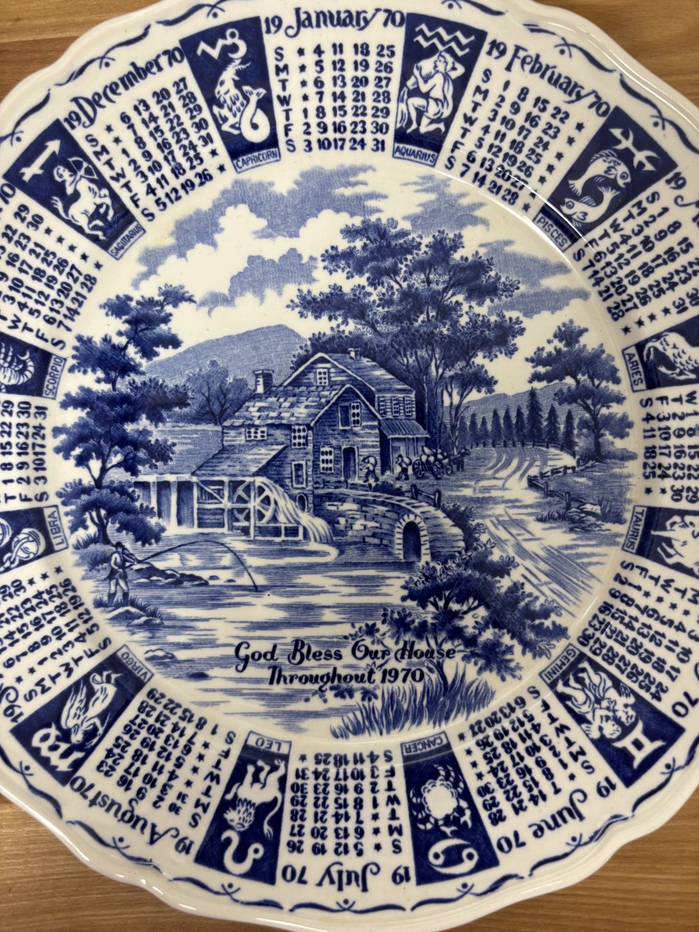 Calendar Plate 1970 Alfred Meakin Blue Transferware Zodiac England Cottage Decor  9”