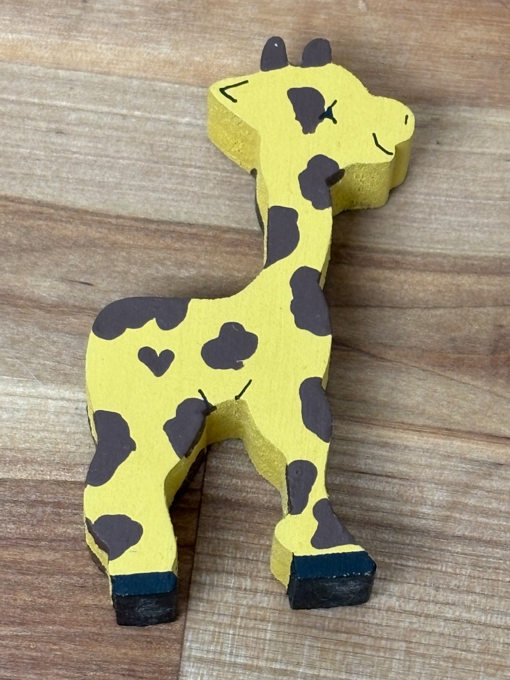 Giraffe Hand Painted Wooden Folk Art Figurine Signed RJ Yellow Brown Hearts 2¾