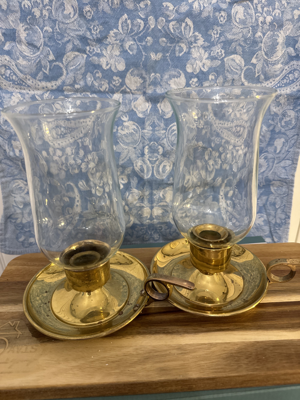 PAIR VINTAGE BRASS HURRICANE LAMPS, GLASS GLOBES
