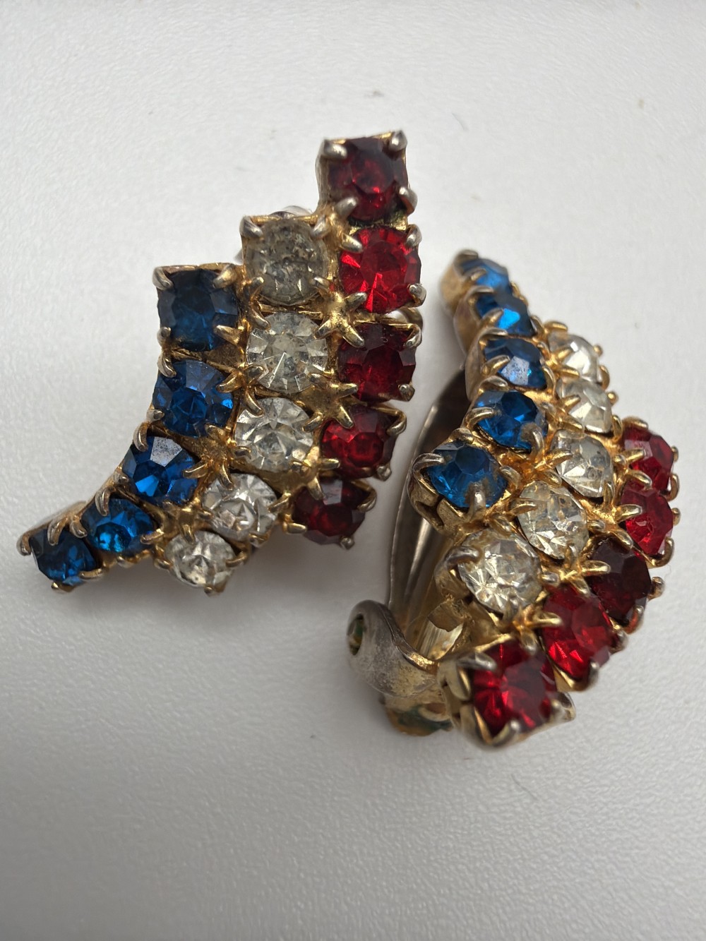 Vintage Crown Trifari Patriotic Red, White & Blue Rhinestone Clip-On Earrings