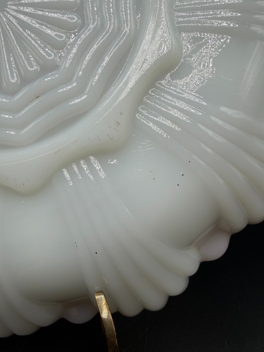 Vintage Fire-King Milk Glass Deviled Egg Plate Peach Lustre Rim 10 Inch Anchor Hocking