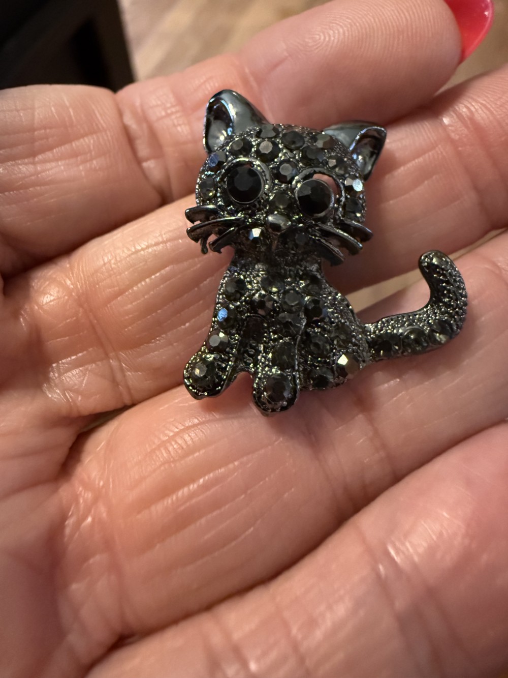Brooch Pin - Cat Kitting Sitting in Grey Rhinestones