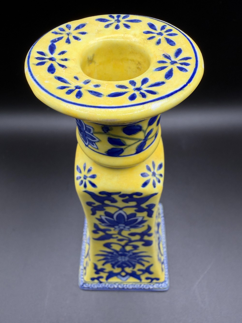 Vintage Andrea by Sadek Yellow Ground Porcelain Candlestick Chinoiserie Square Taper Holder