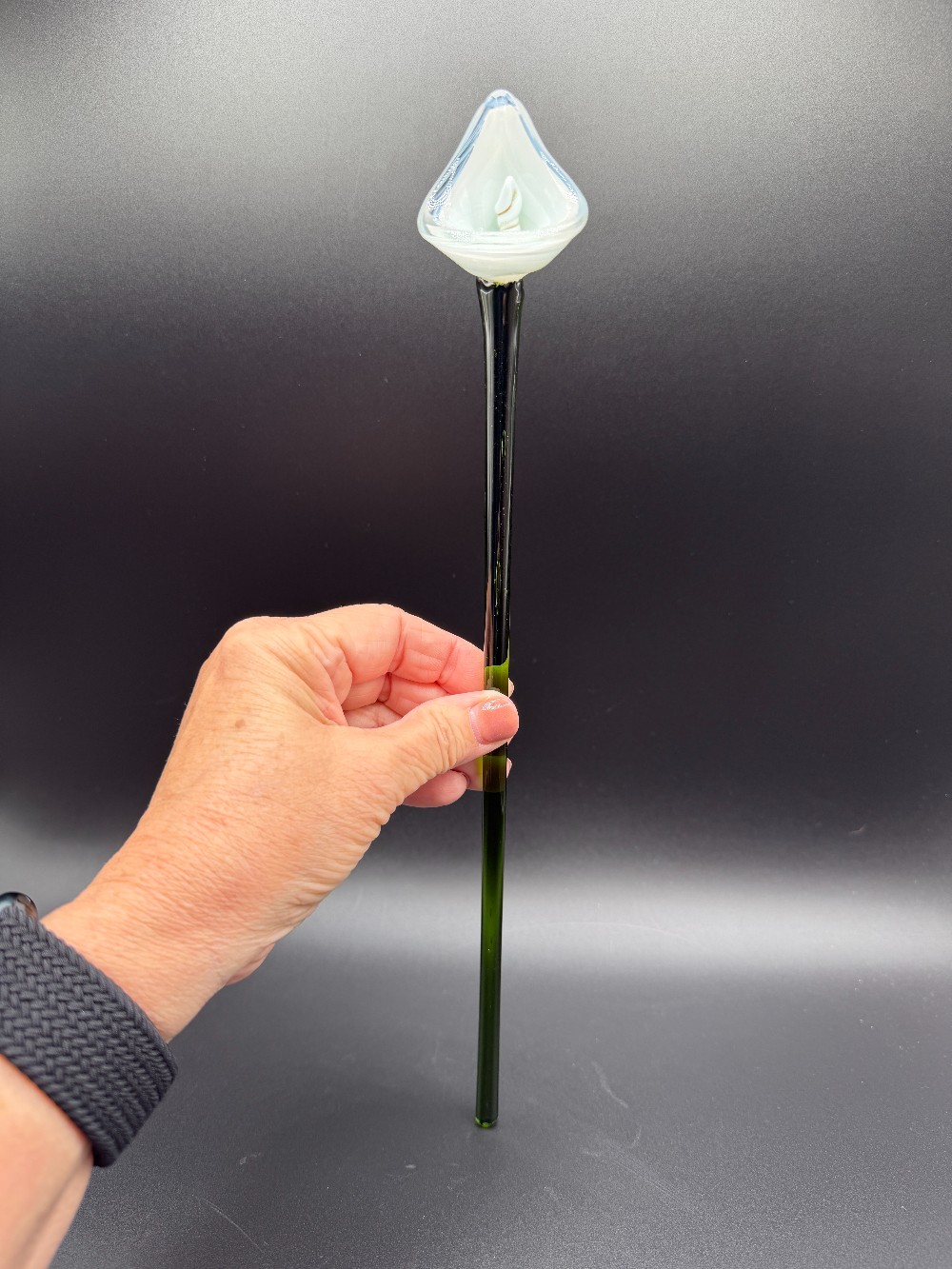 Hand Blown Glass Calla Lily Plant Stake White Flower Pitcher Stir Rod