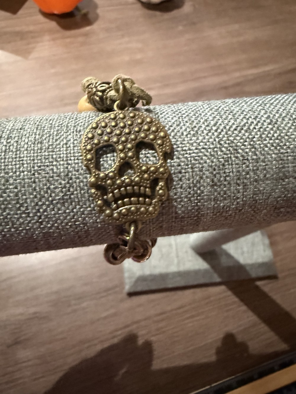 Bracelet - Bronze skull tan leather bead accents