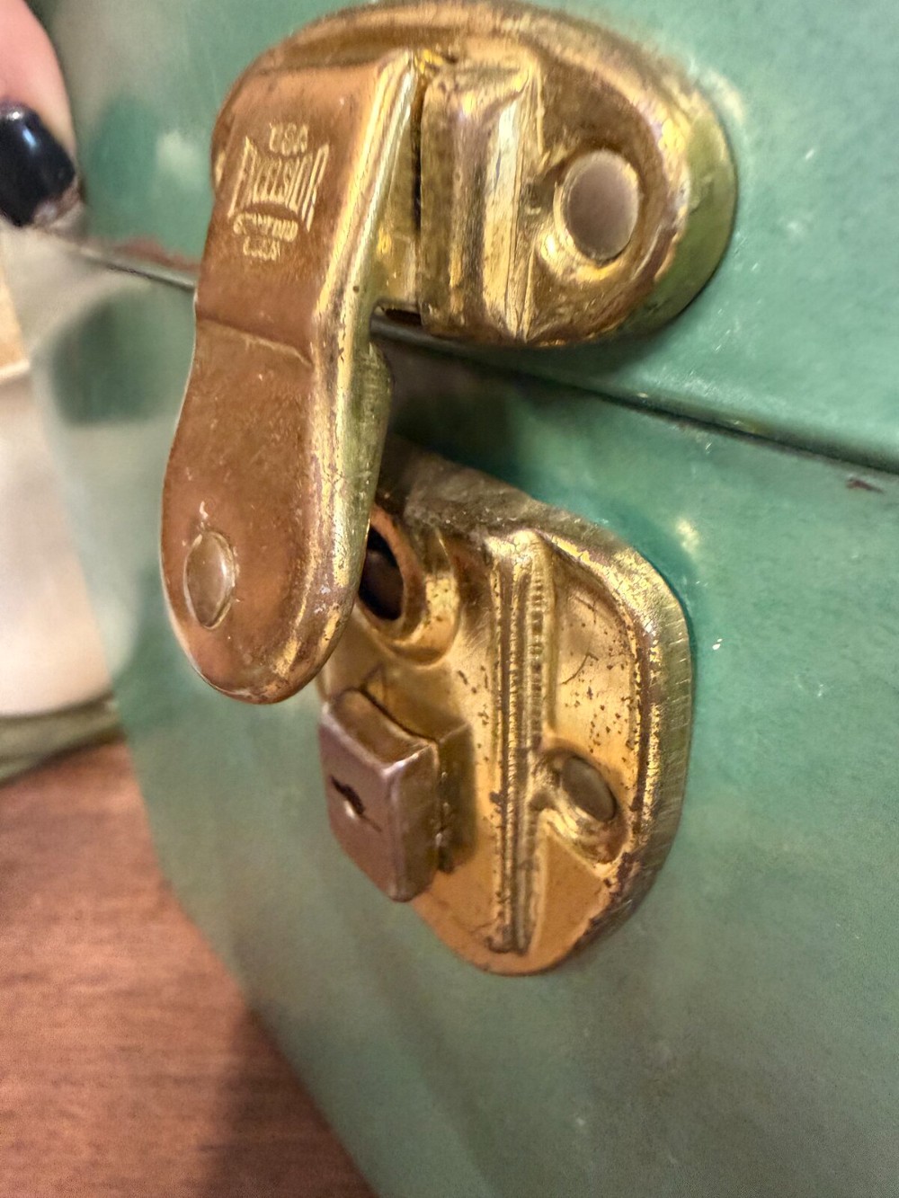 Green Metal File Box with Brass Latch and Handle