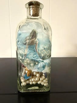 A Mermaid & Her Treasure Vintage Green Glass Bottle with Cork
