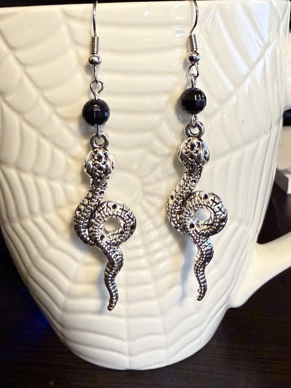 Earrings - Coiled Snake Black Bead Snake, Serpent, Snakes, Serpents