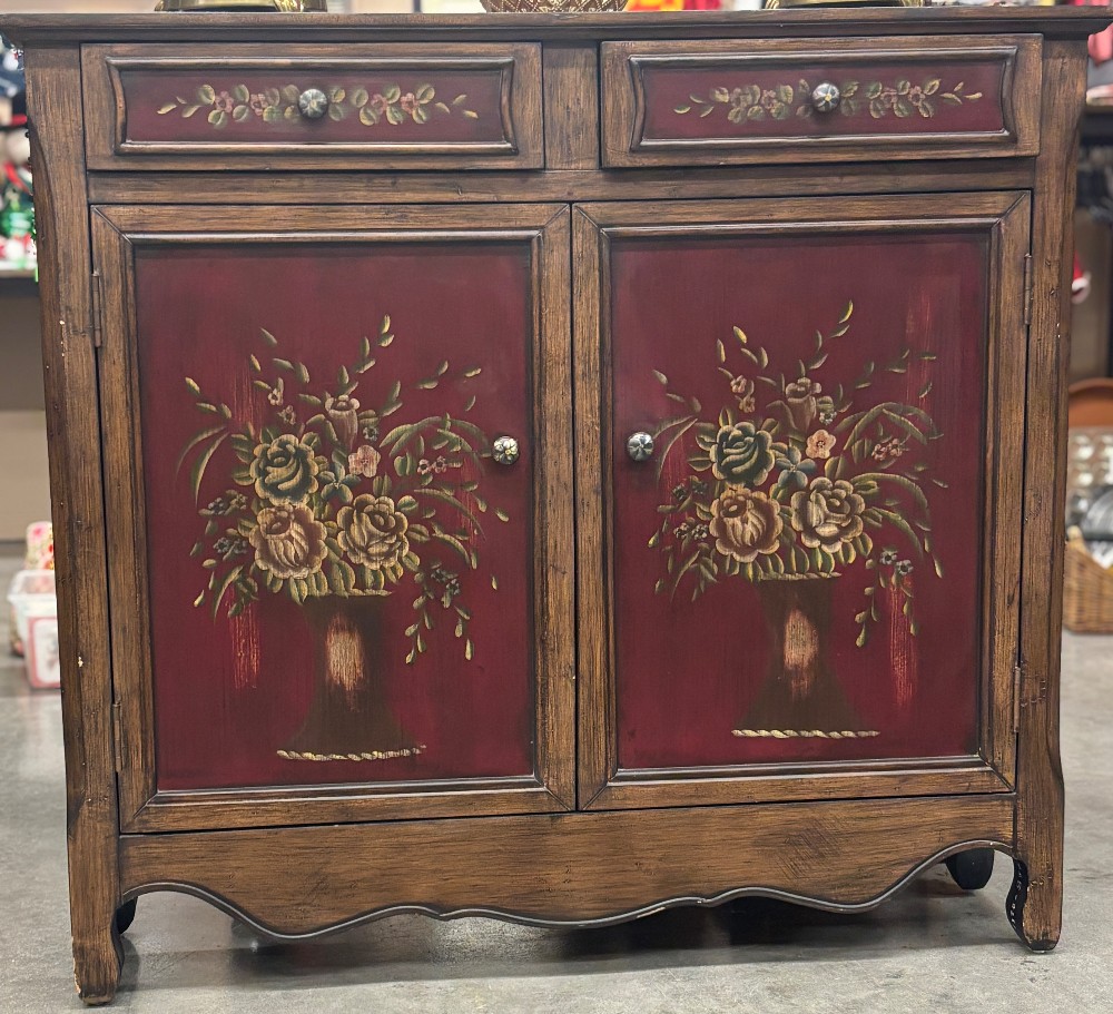 Red decorated two door drawers cupboard