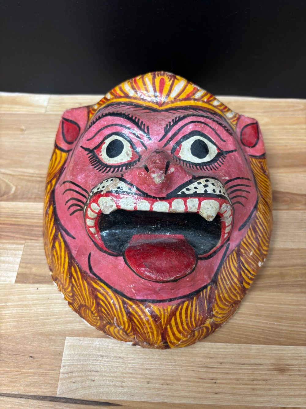 Hand Painted Papier Mache Hanuman Monkey Mask Indian Folk Art 1996 Wall Decor