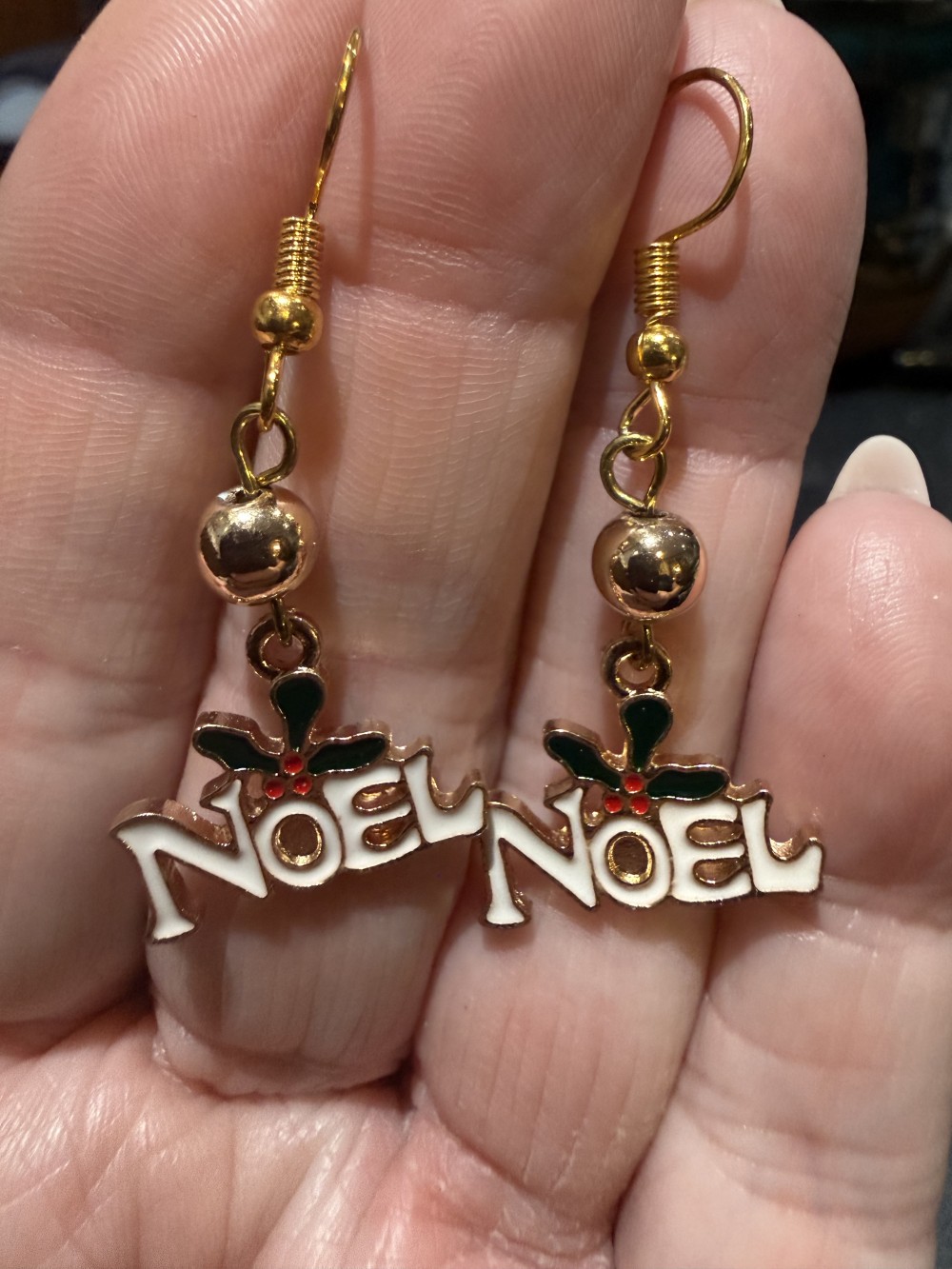Earrings - Noel with Christmas Holly in Gold and Enamel Gold Bead