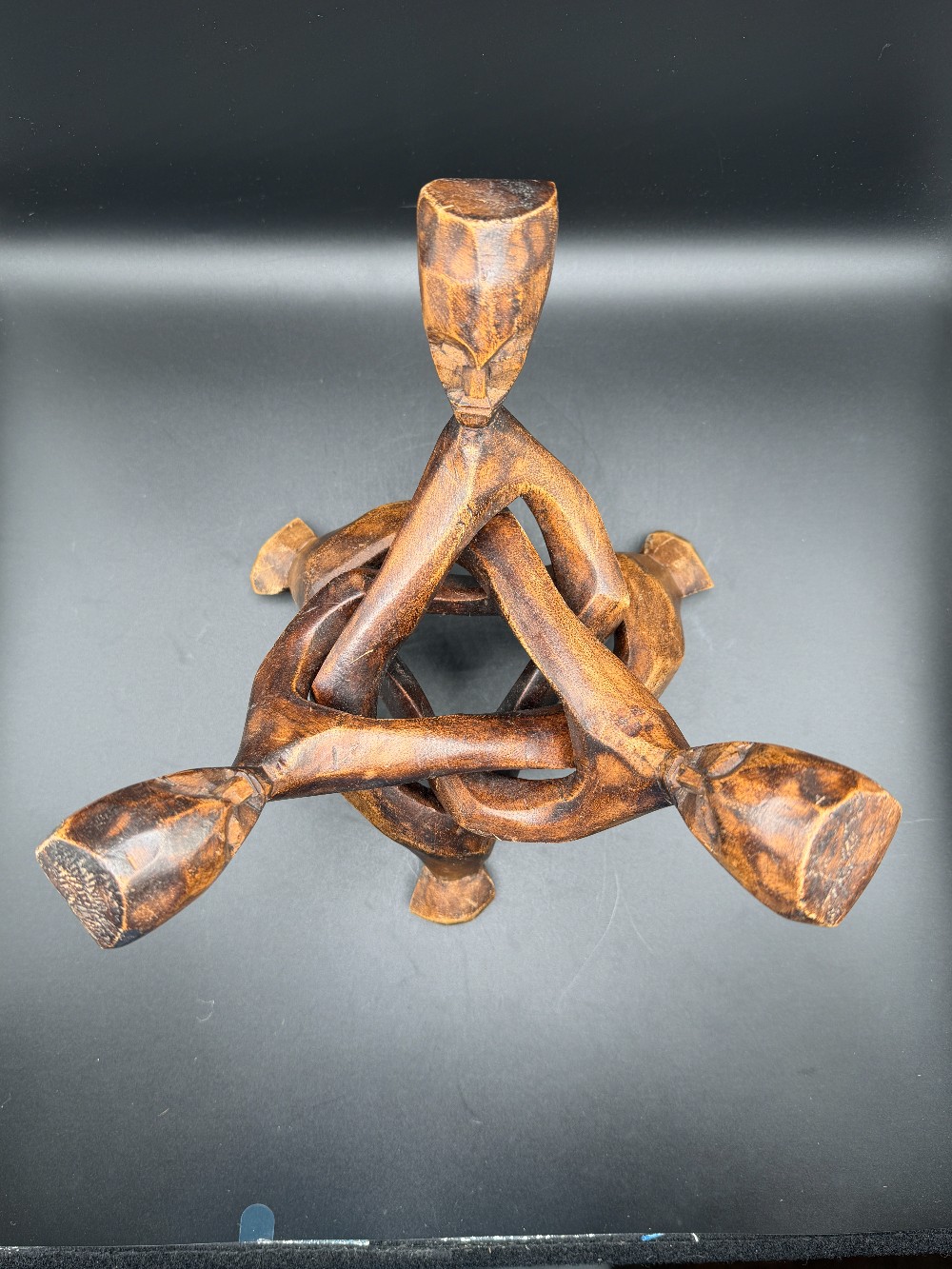 Vintage Hand-Carved African Wood Unity Plant Stand- Single Piece Interlocking Tripod Display