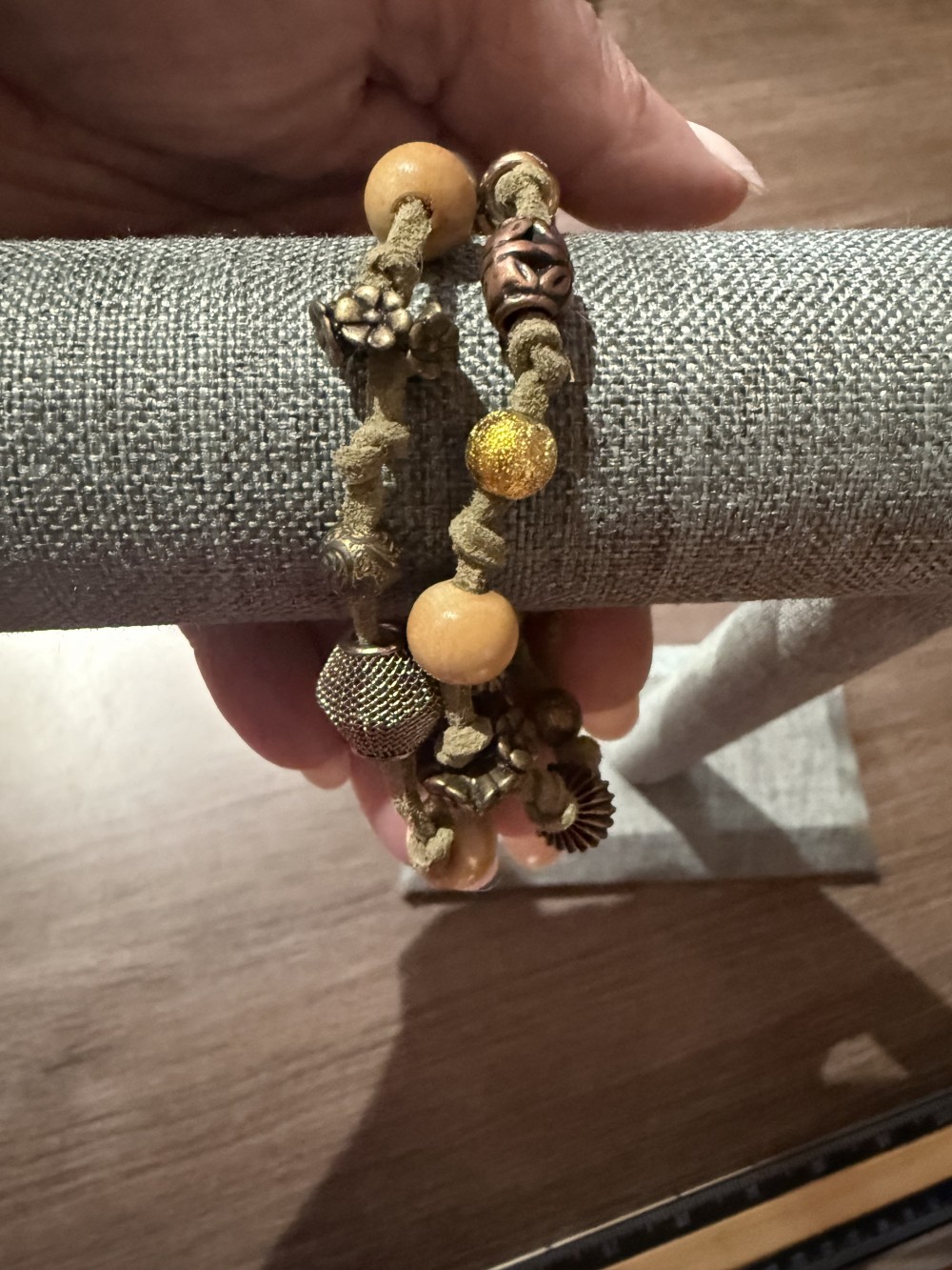 Bracelet - Bronze skull tan leather bead accents