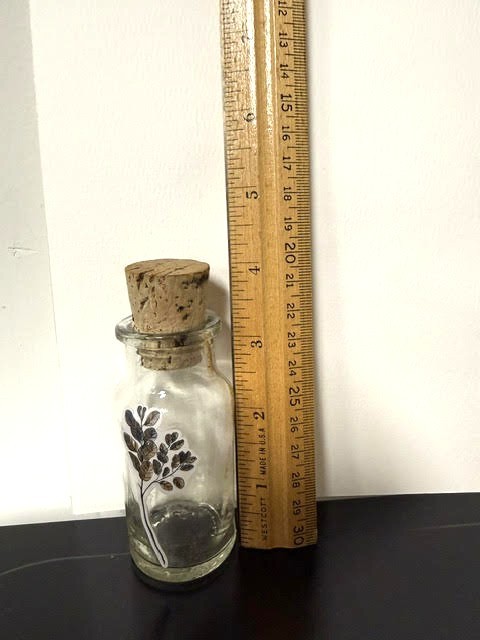 Vintage Made in Taiwan 12 Corked Glass Spice Bottles Set Embellished with Floral Transparencies