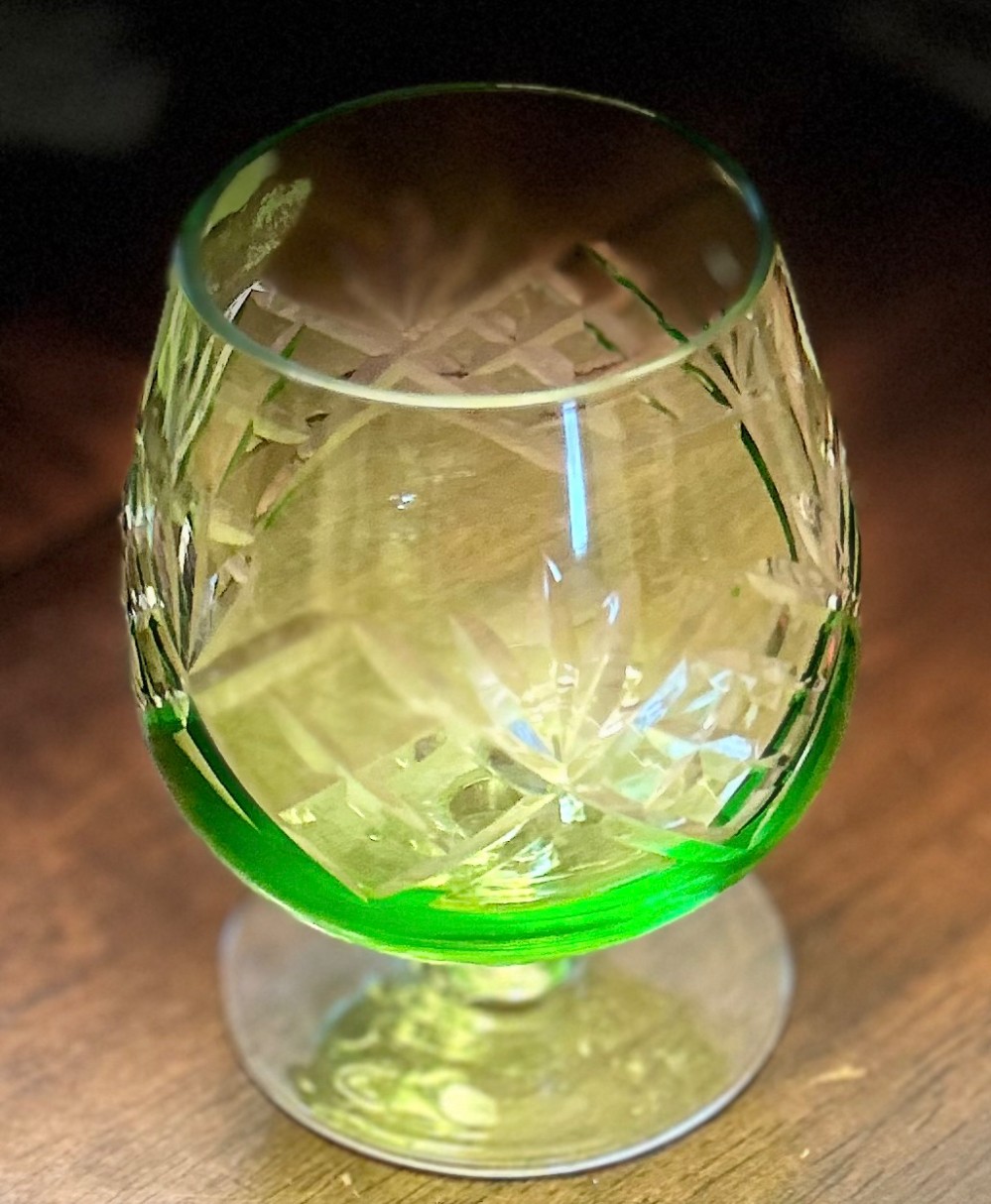 VTG Bohemian Green Cut to Clear Crystal Brandy Snifter - Pinwheel Starburst Diamond Pattern