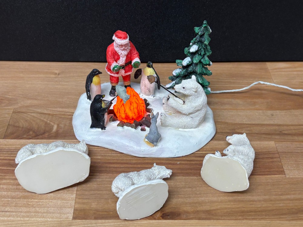 Lemax Fireside Fun Lighted Campfire Santa Polar Bears Christmas Village 4 Piece Set