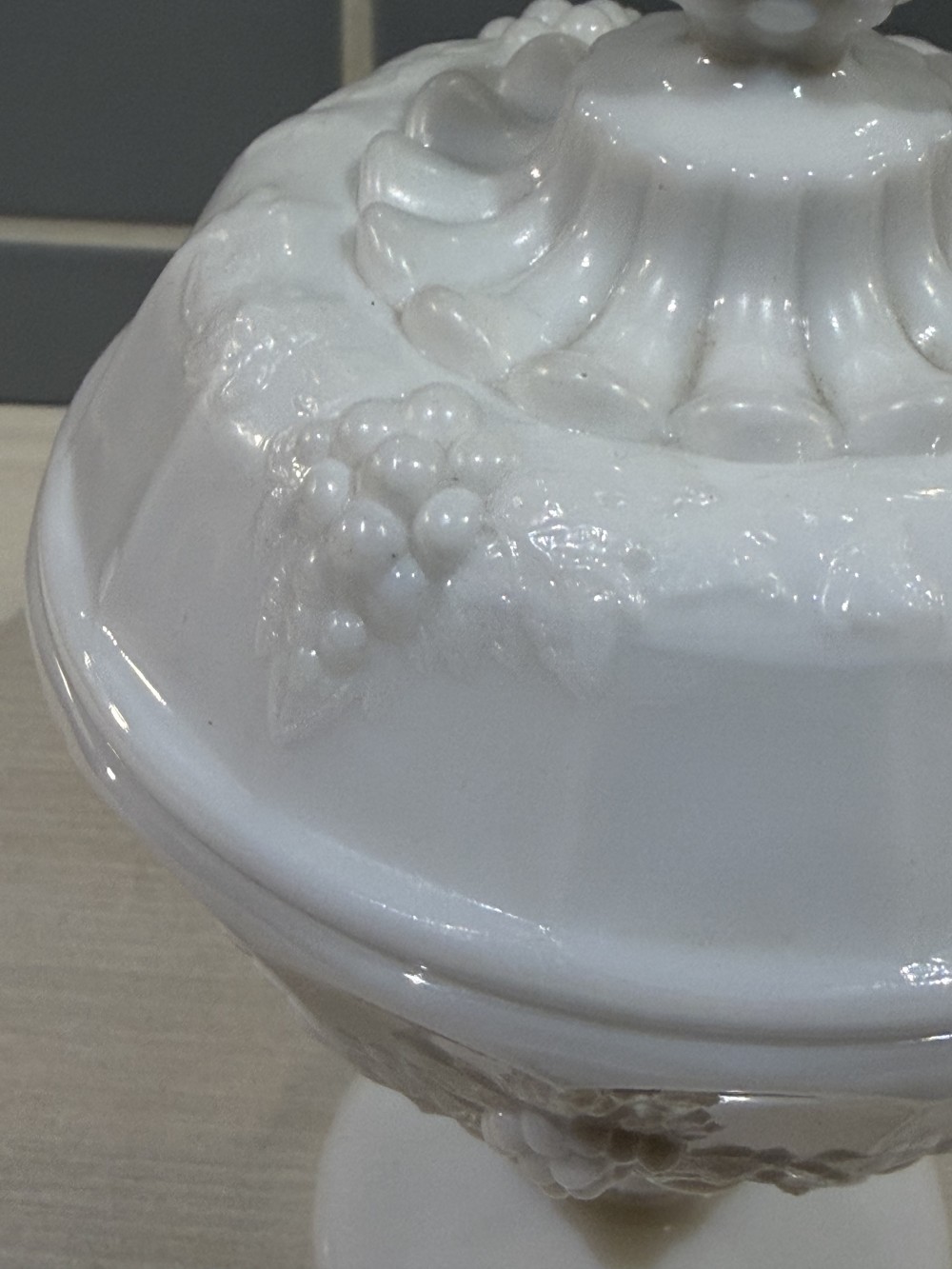 Vintage Milk Glass Compote Candy Dish with Lid Grape Harvest