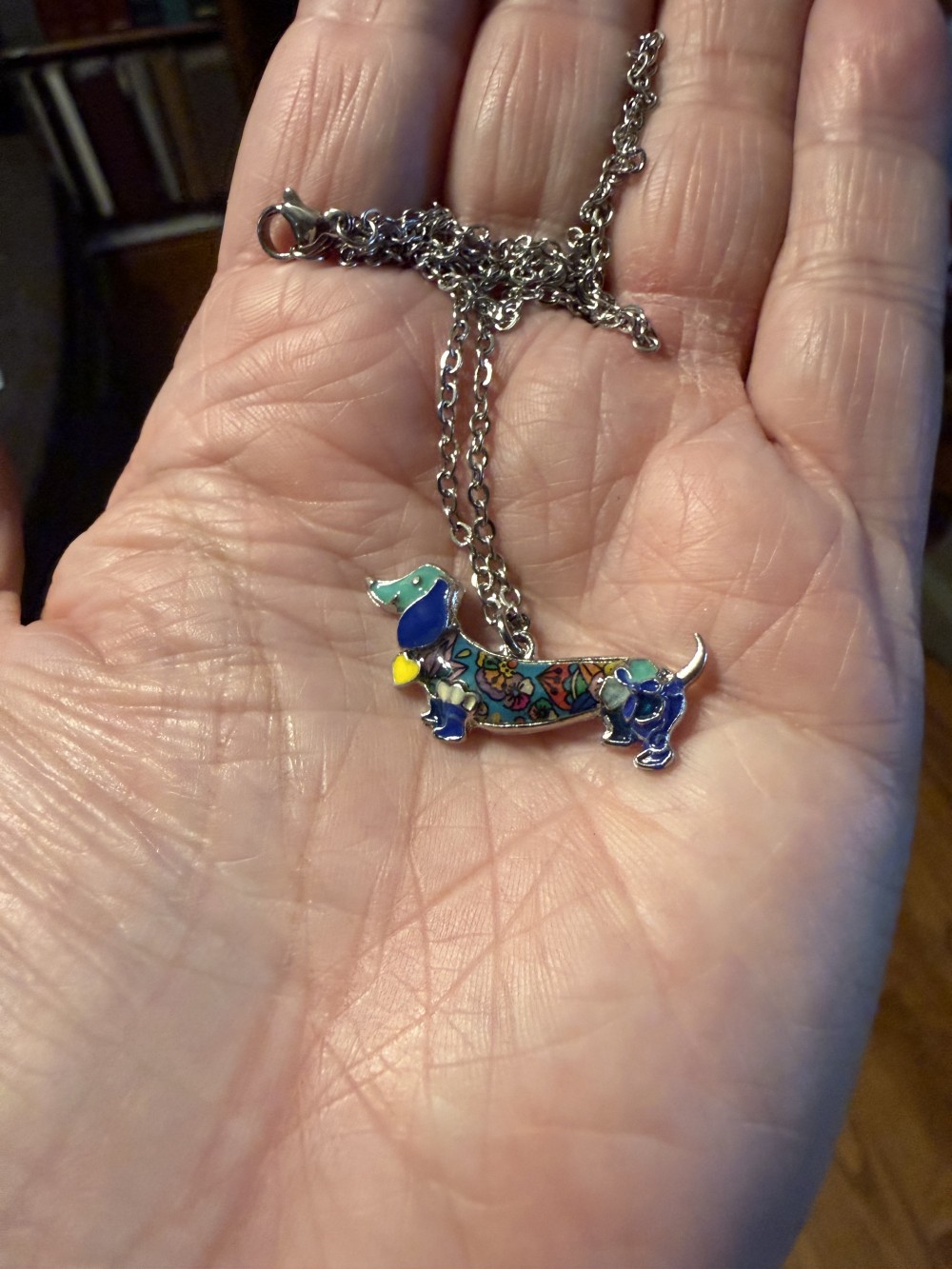 Necklace Enamel Dachshund Blue Patterned, Dog, Doxie