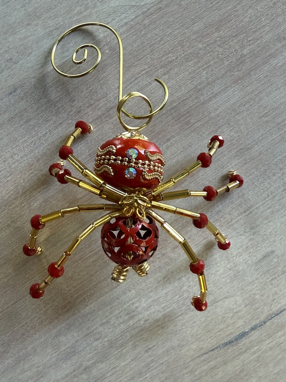 Ornament - Spider L Red Gold Embellished Bead