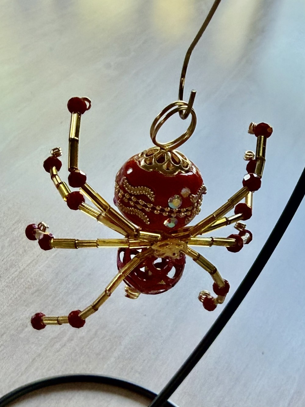 Ornament - Spider L Red Gold Embellished Bead