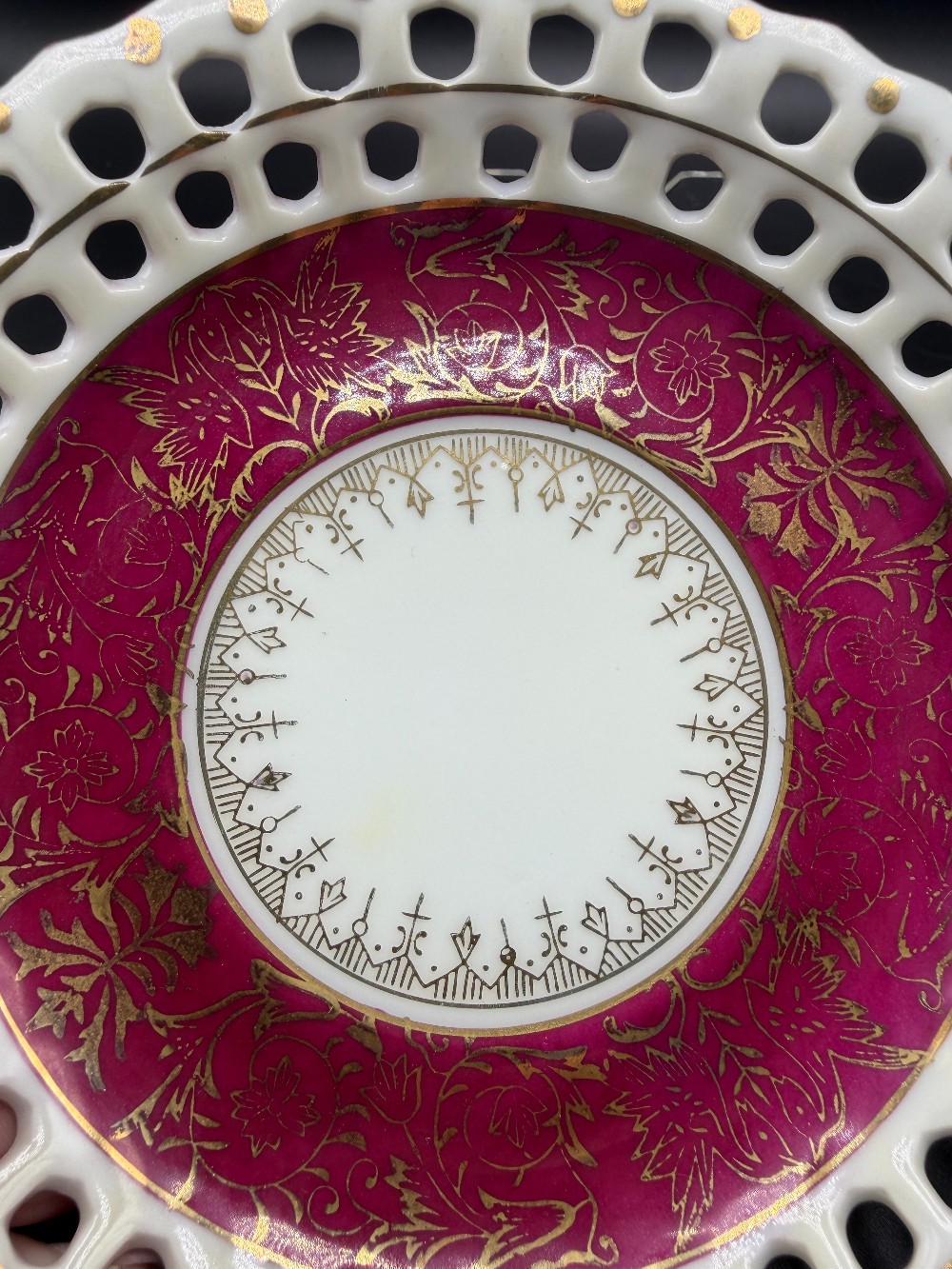 Vintage Reticulated Cranberry Porcelain Saucer Pierced Lattice Plate with Heavy Gold Etched Floral Filigree