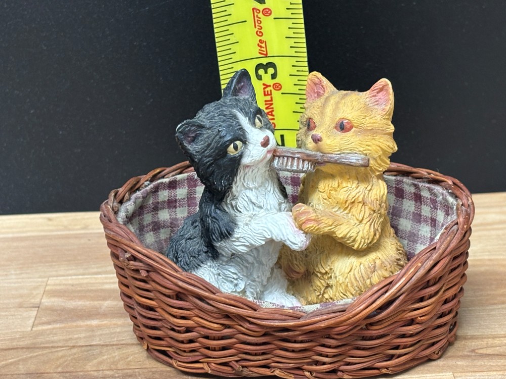Living Stone Cat Figurine Kittens with Brush in Wicker Basket Vintage