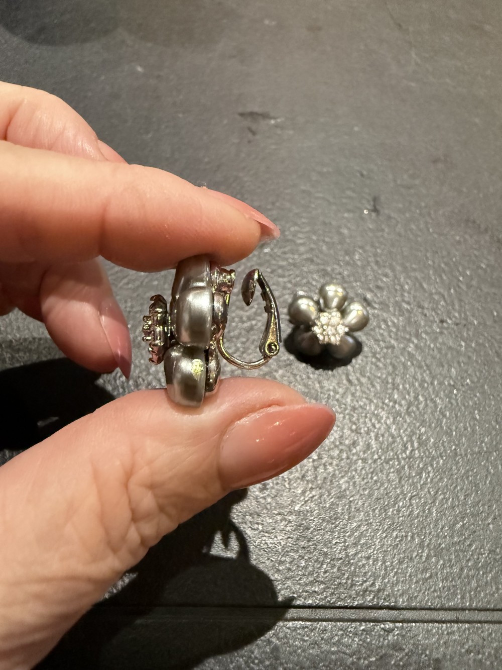 VIntage Avon Clip On Earrings - Grey Flower Rhinestone Center