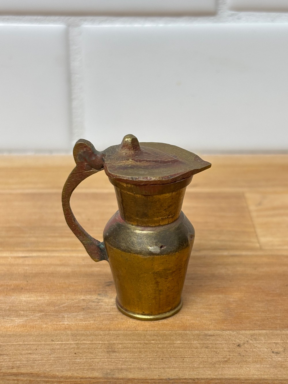 Miniature Vintage Brass Water Pitcher Ewer with Fixed Lid Made in India Dollhouse Decor