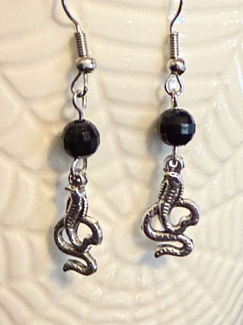 Earrings - Petite Cobra Black Bead Snake, Serpent, Snakes, Serpents