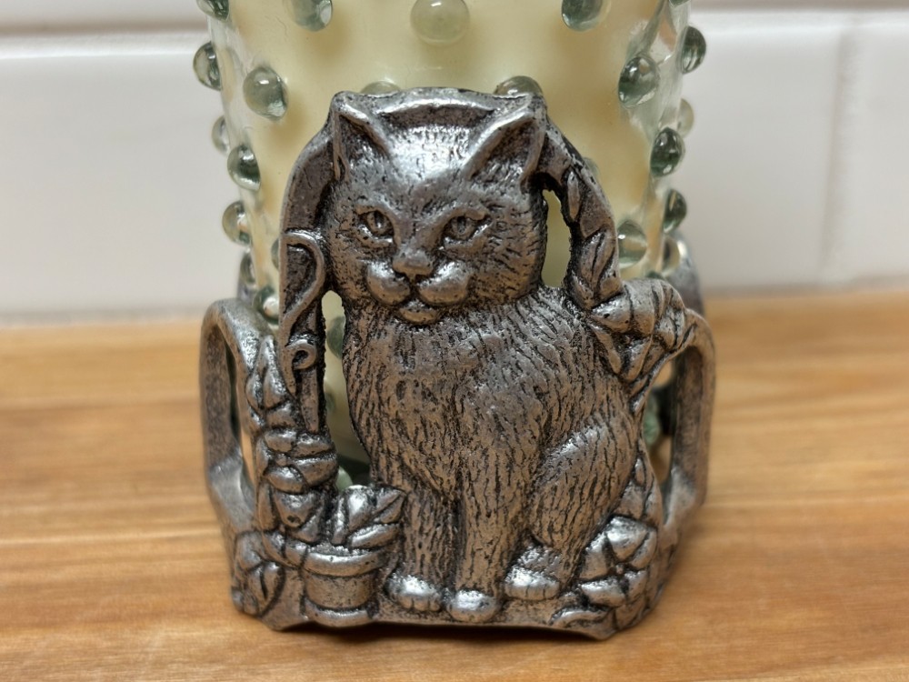 Pewter Cat Candle Holder Carlton 1997 Hobnail Glass Votive Kittycore