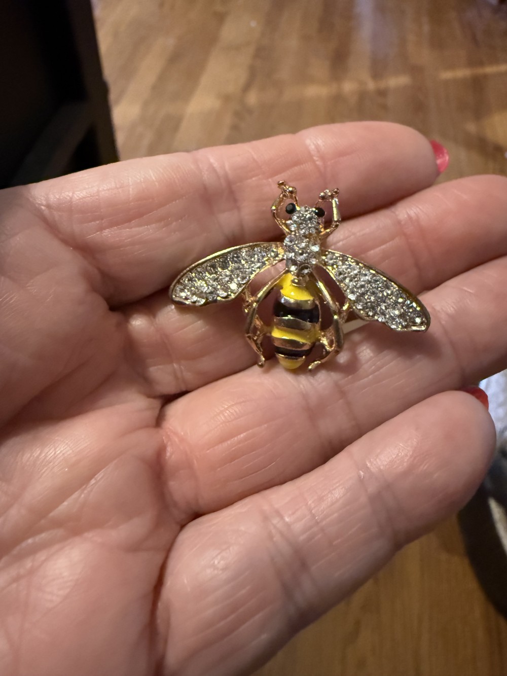 Brooch Pin - Bee Rhinestone Wings Black Yellow Enamel Gold