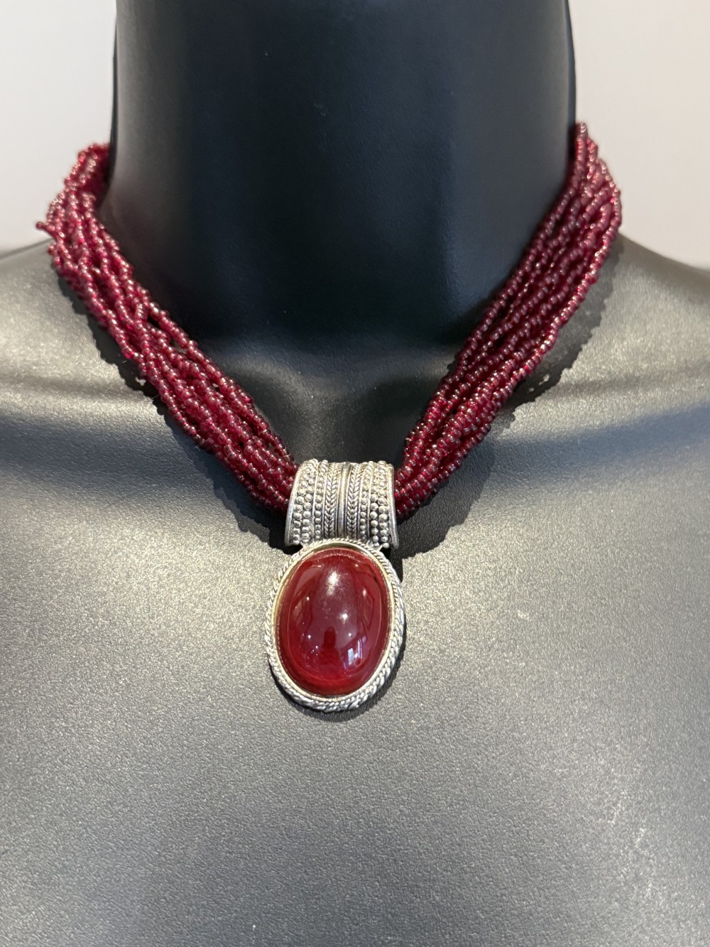 Necklace - Burgandy Glass Beads with Oval Pendant