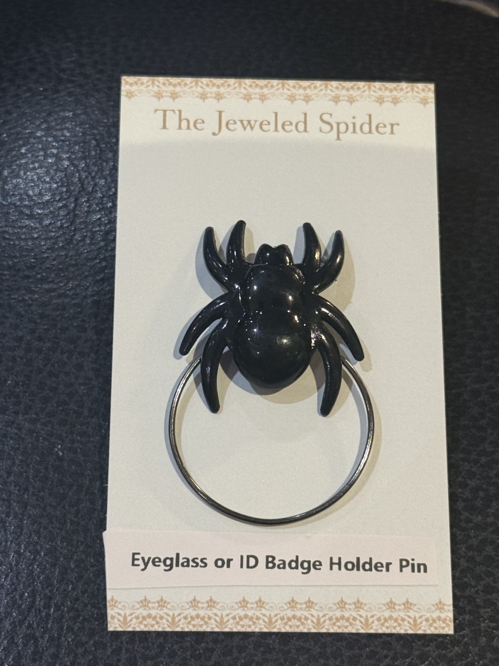 Eyeglass or ID Badge Holder Pin - Black Spider Round Loop