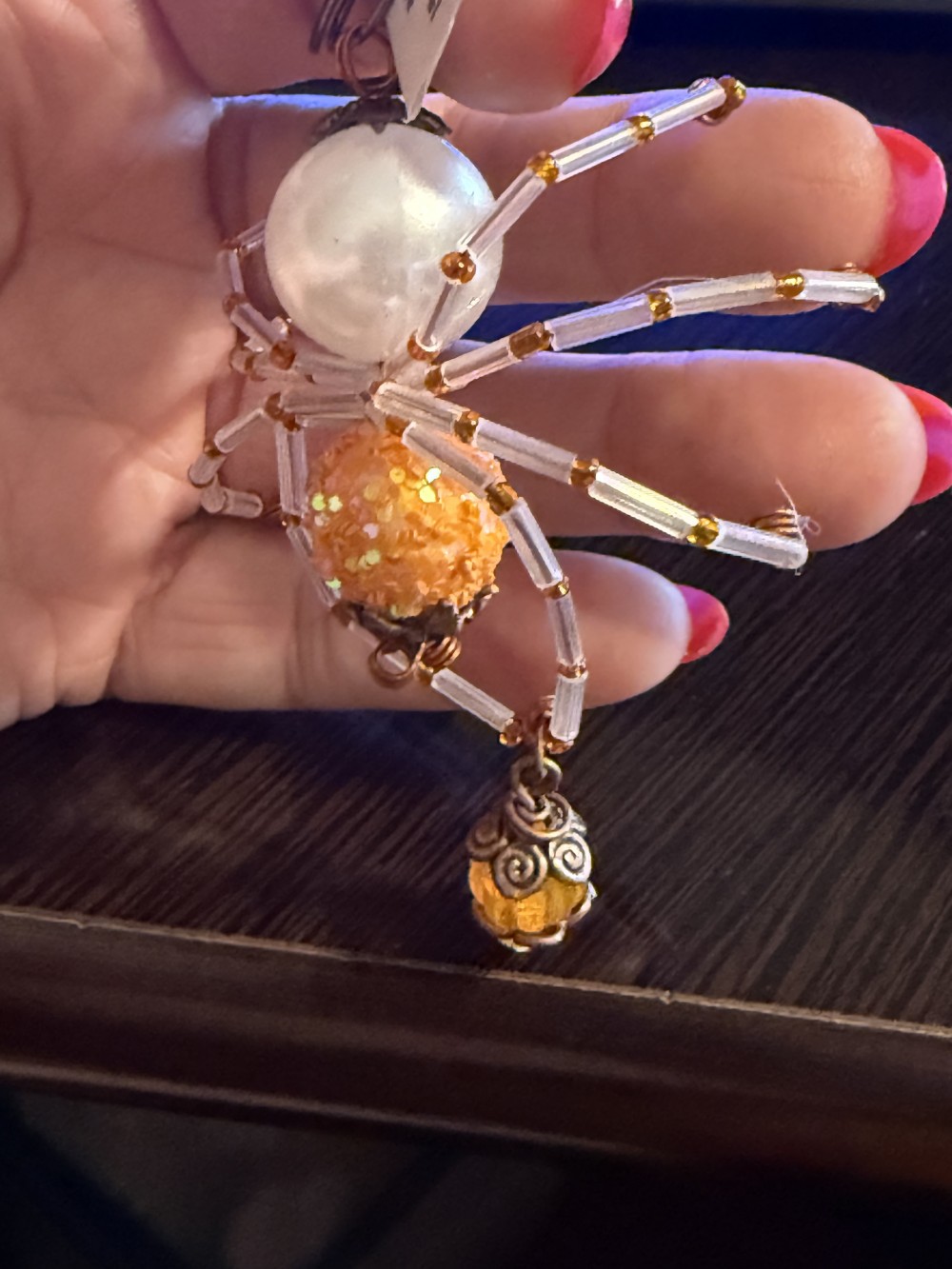 Ornament - Spider Orange & Pearl w/ Dangle