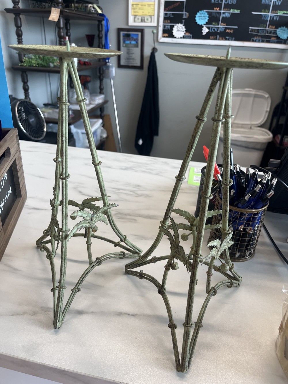 Pair of Vtg look green metal candle holders